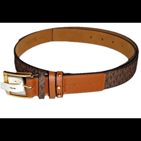 ?MICHAEL KORS MK SignatureWomen Belt Brown CHO SyntheticLeather Gold Size:SMALL MICHAEL KORS MK Signature Logo Brown Elastic Belt w/Gold  main image 3
